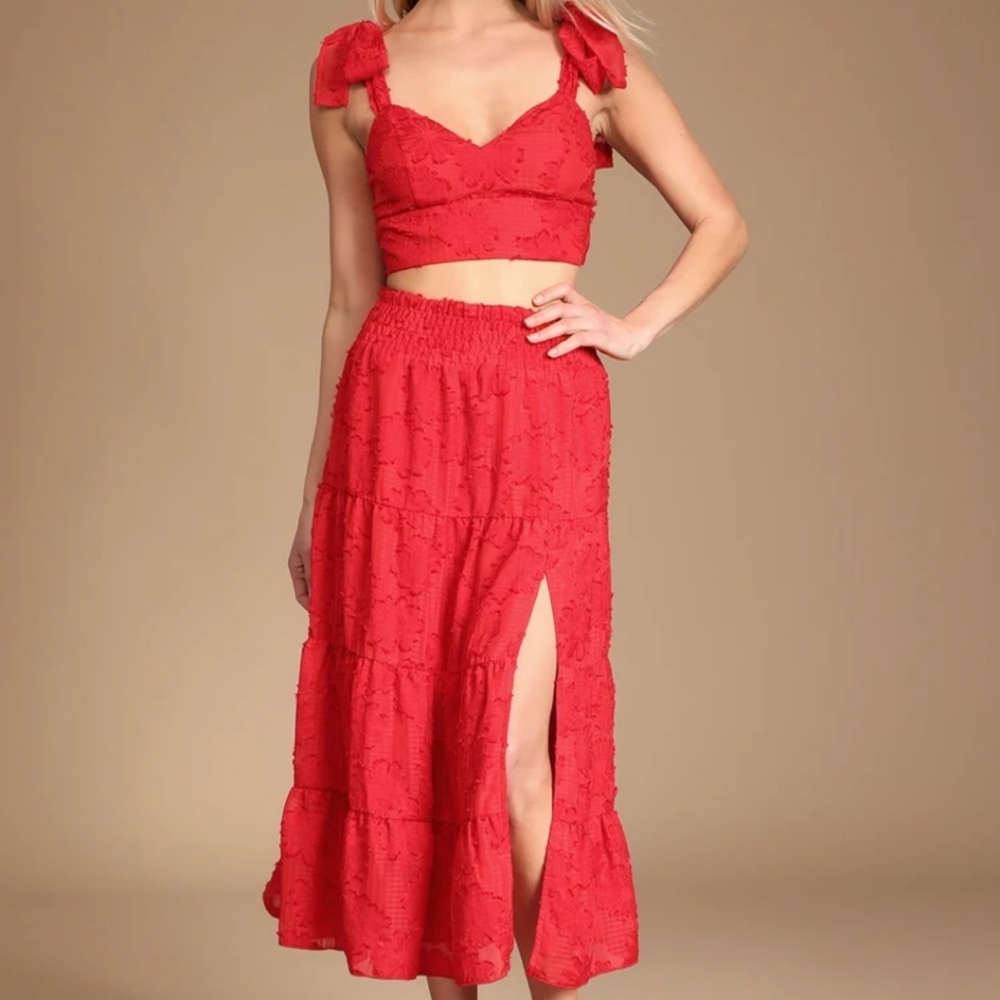Lulu's 2 piece Red Floral cropped tank and maxi length skirt size S